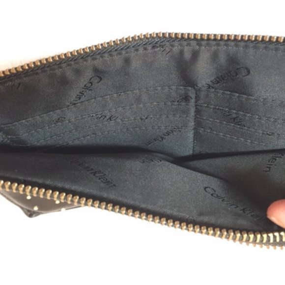 Calvin Klein Black Studded Leather Zip Pouch Wallet Purse 10" x 6" - Picture 5 of 13